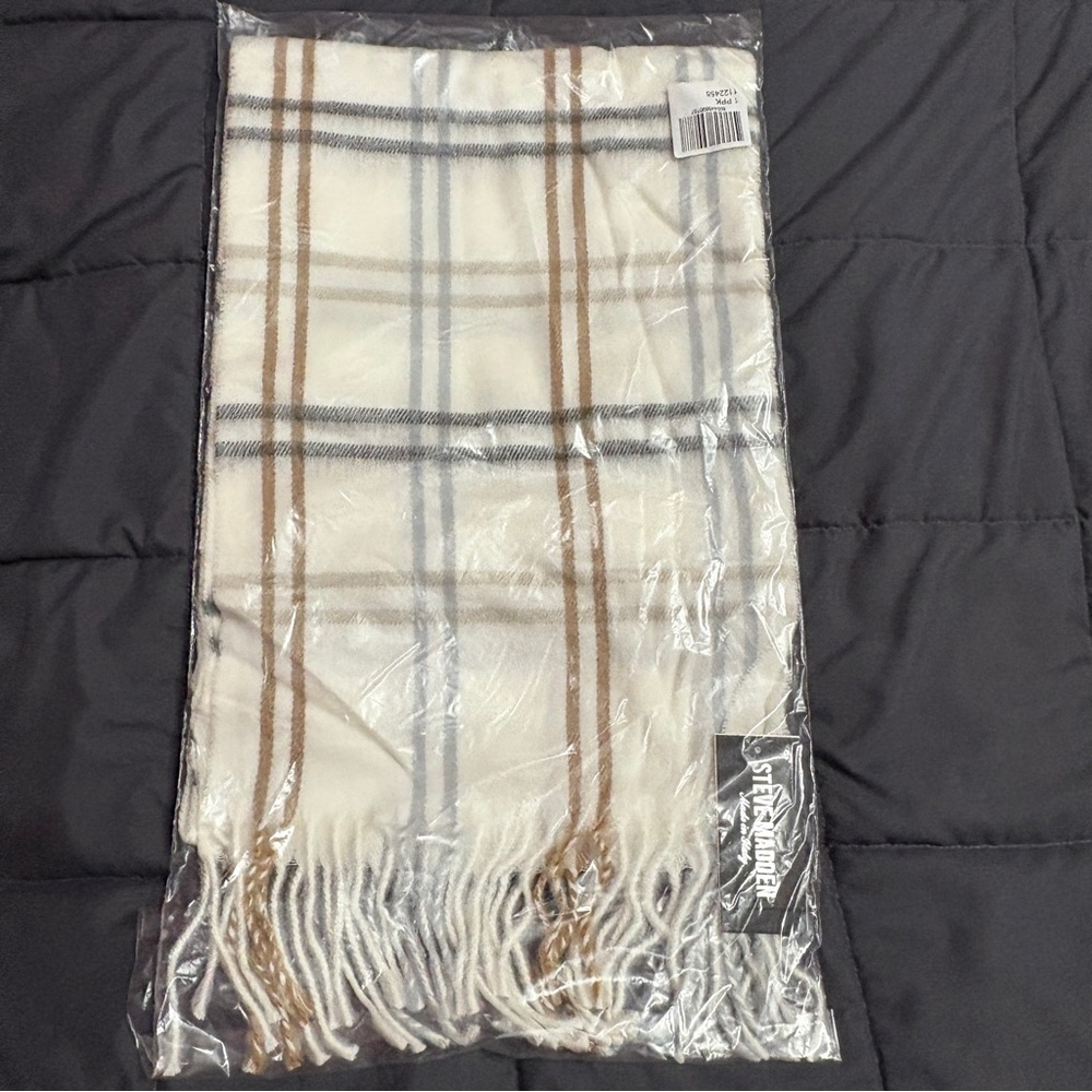 Steve Madden Fringed Ivory Scarf with Multi Color Strip - NWT